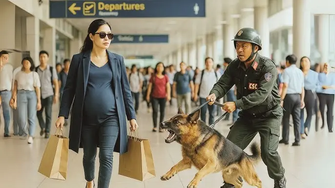 The dog barked frantically at a pregnant woman