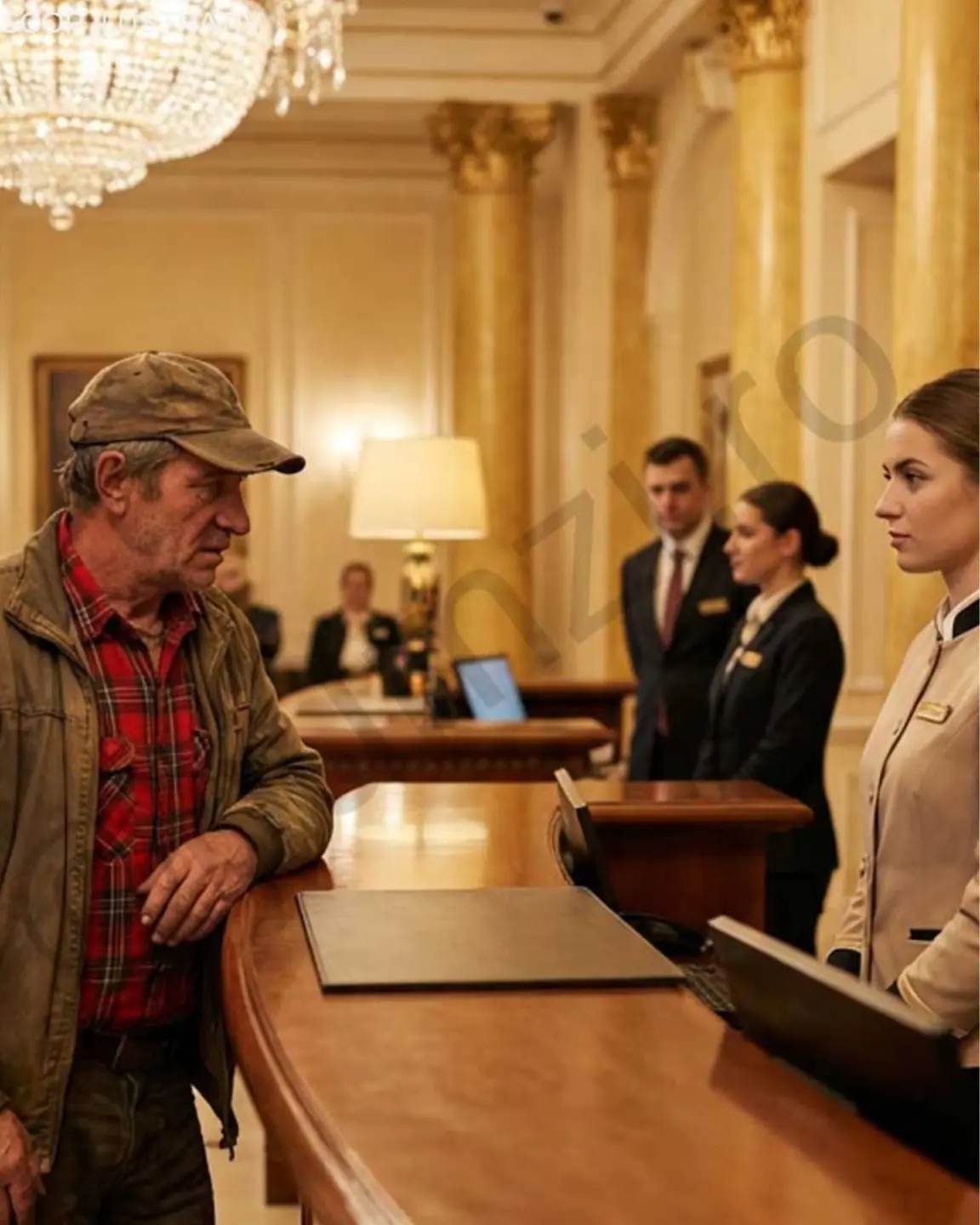 A farmer stepped into a hotel lobby, and the front desk clerk looked down on him