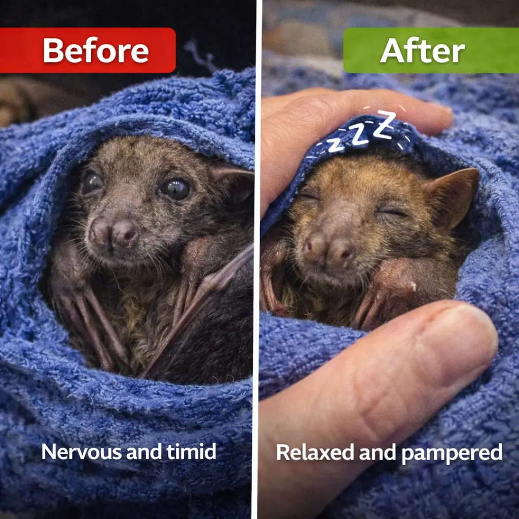 Senior Rescue Bat Finds Joy On His First Spa Day — And Completely Melts Into Happiness