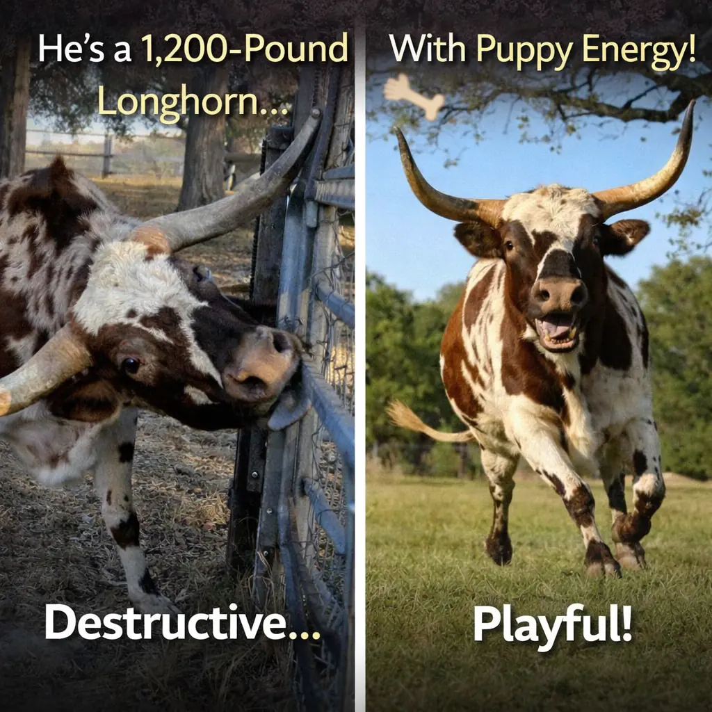 1,200-Pound Longhorn With Major Puppy Energy Finally Gets To Live Loud, Naughty And Completely Loved