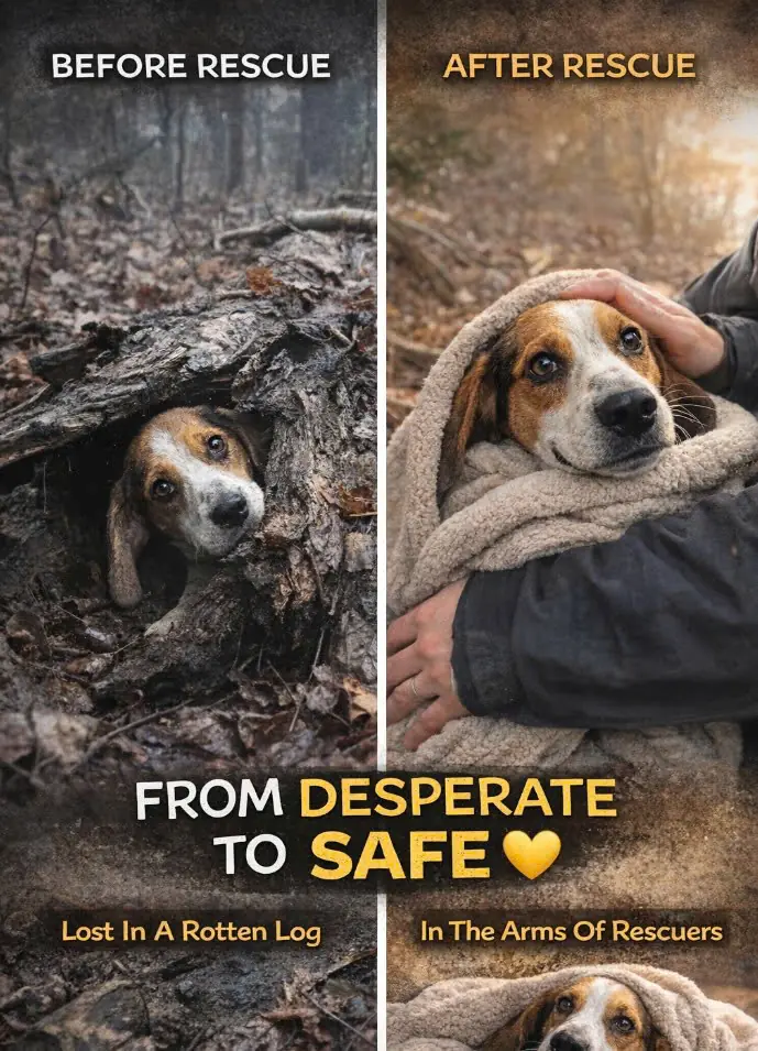 Scared Little Dog Hiding Inside Rotten Log During Storm Pokes Head Out When Help Finally Arrives