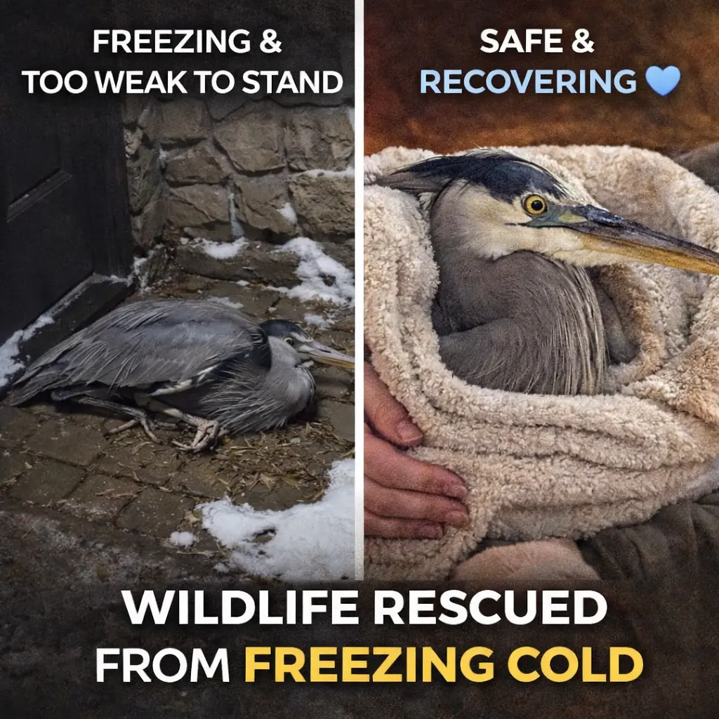 Great Blue Heron Found Freezing Outside Basement Door Now Safe After Dramatic Wildlife Rescue